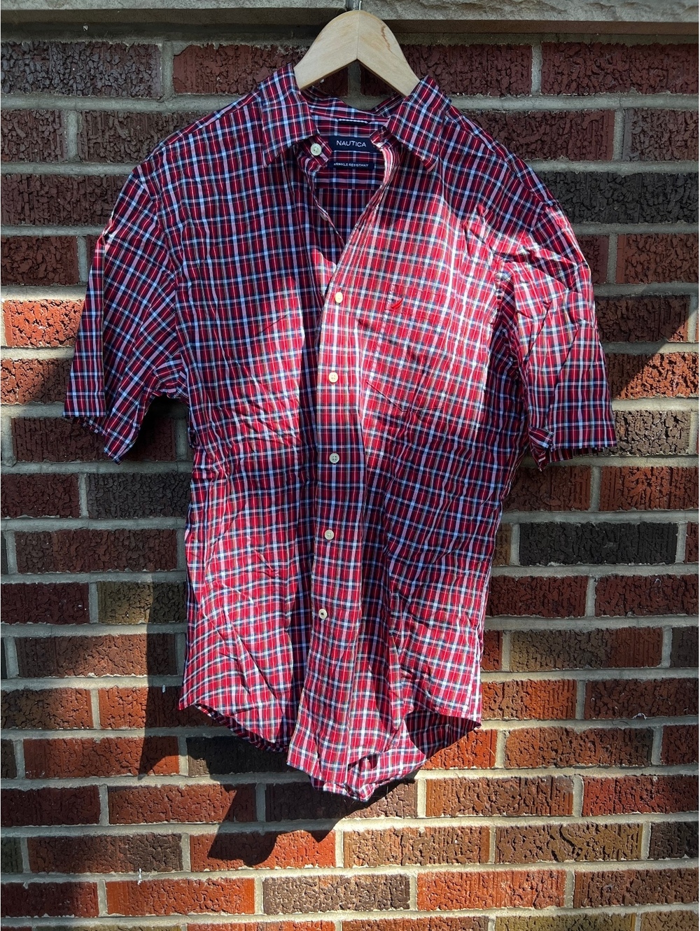 Nautica Red and Blue Plaid Button Down Short Sleeve Shirt
